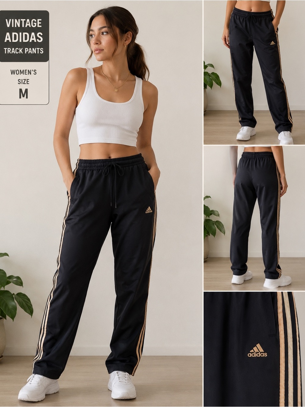 adidas Vintage Black Track Pants with Gold Stripes